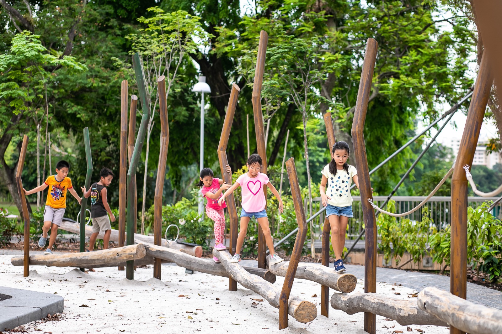 Children on the playsets.