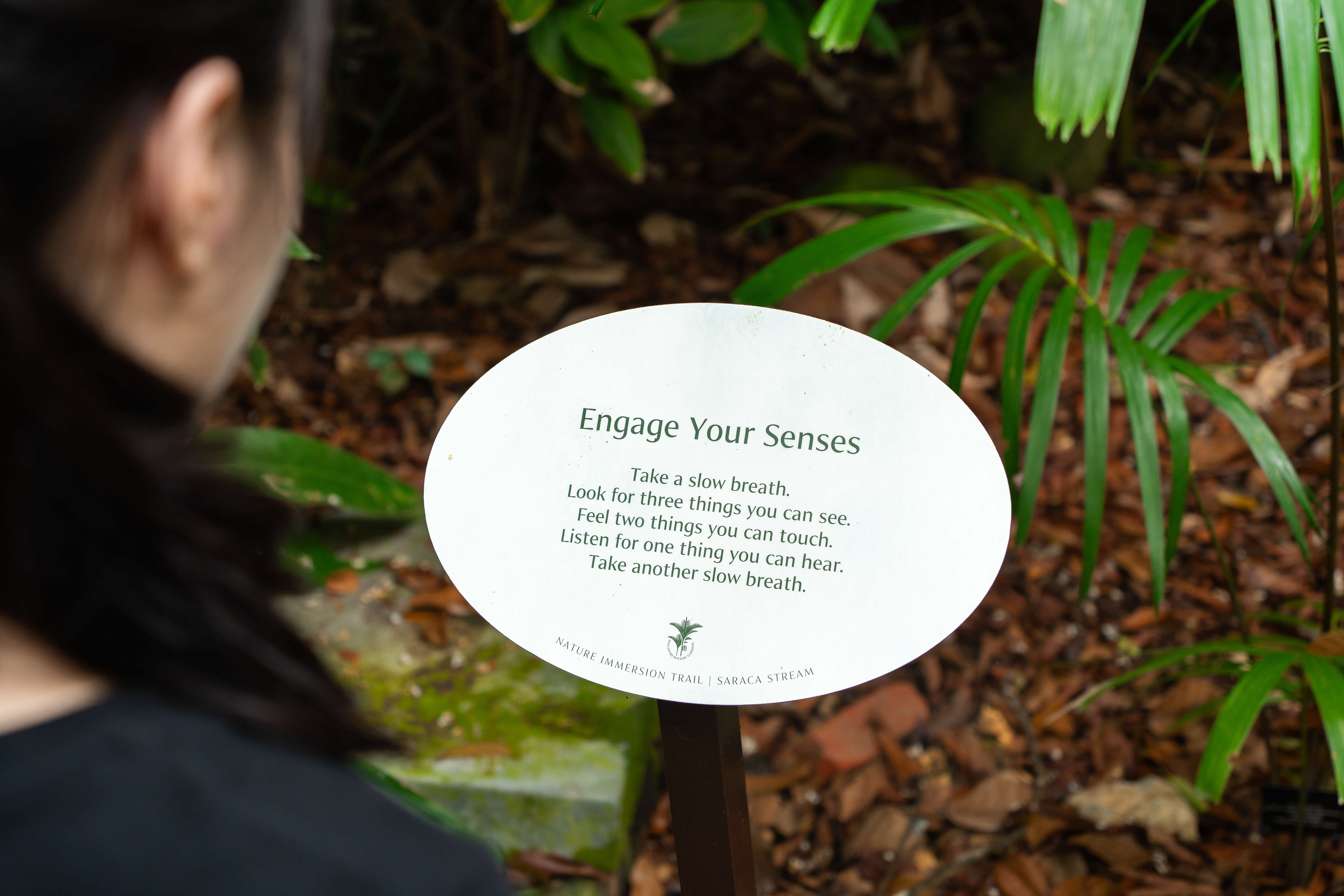 Engage Your Senses signboard encouraging visitors to take a deep breath and tune into their surroundings.