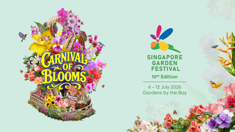 Carnival of Blooms poster for the Singapore Garden Festival 10th edition, 4–12 July, at Gardens by the Bay.