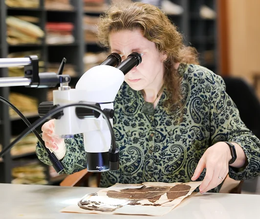 Woman examining plant specimen under microscope