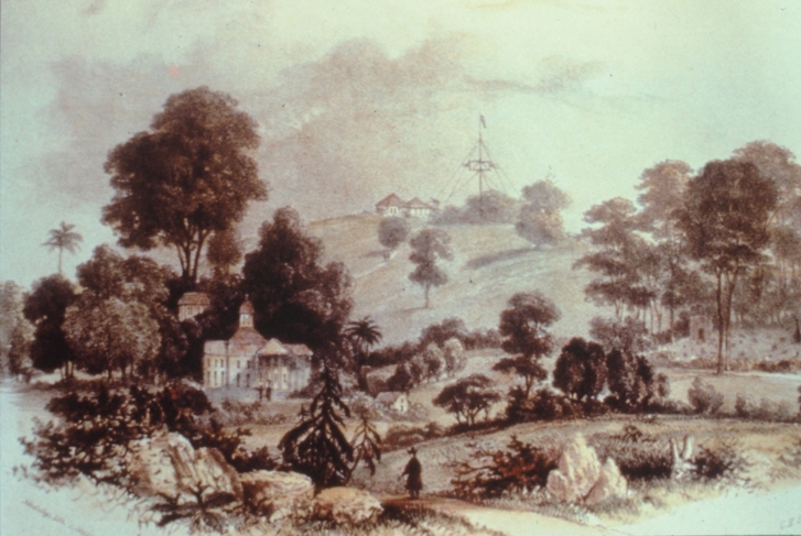 1840 lithograph showing Government Hill with some evidence of the first botanical and experimental garden in Singapore